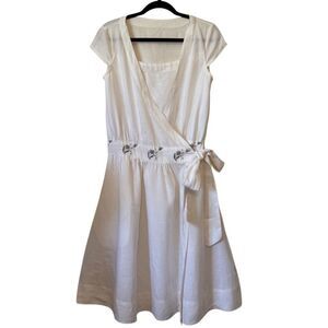 Ivory Hemp Wrap Fit and Flare Dress Sz M Sustainable, Classic, Old Money, Modest